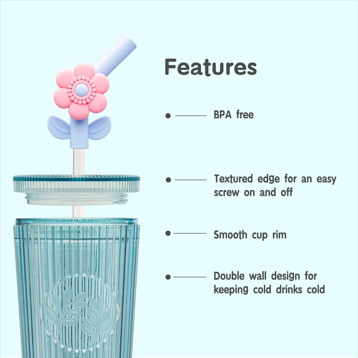 26oz Tumbler with Straw & Lid, Cute Flower Silicone Straw Tips - Botanica Blue - bzyoo