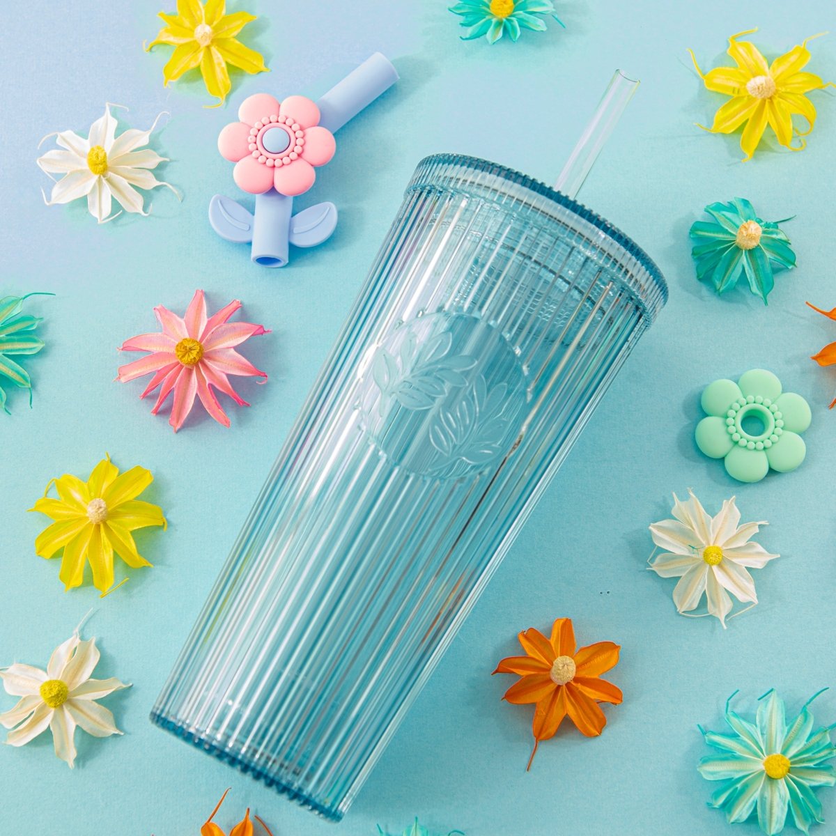 26oz Tumbler with Straw & Lid, Cute Flower Silicone Straw Tips - Botanica Blue - bzyoo