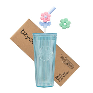 26oz Tumbler with Straw & Lid, Cute Flower Silicone Straw Tips - Botanica Blue - bzyoo