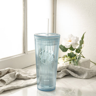 26oz Tumbler with Straw & Lid, Cute Flower Silicone Straw Tips - Botanica Blue - bzyoo