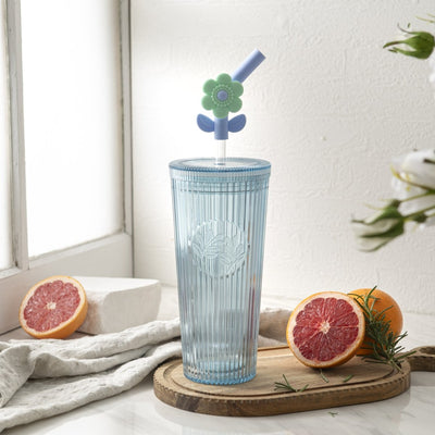 26oz Tumbler with Straw & Lid, Cute Flower Silicone Straw Tips - Botanica Blue - bzyoo