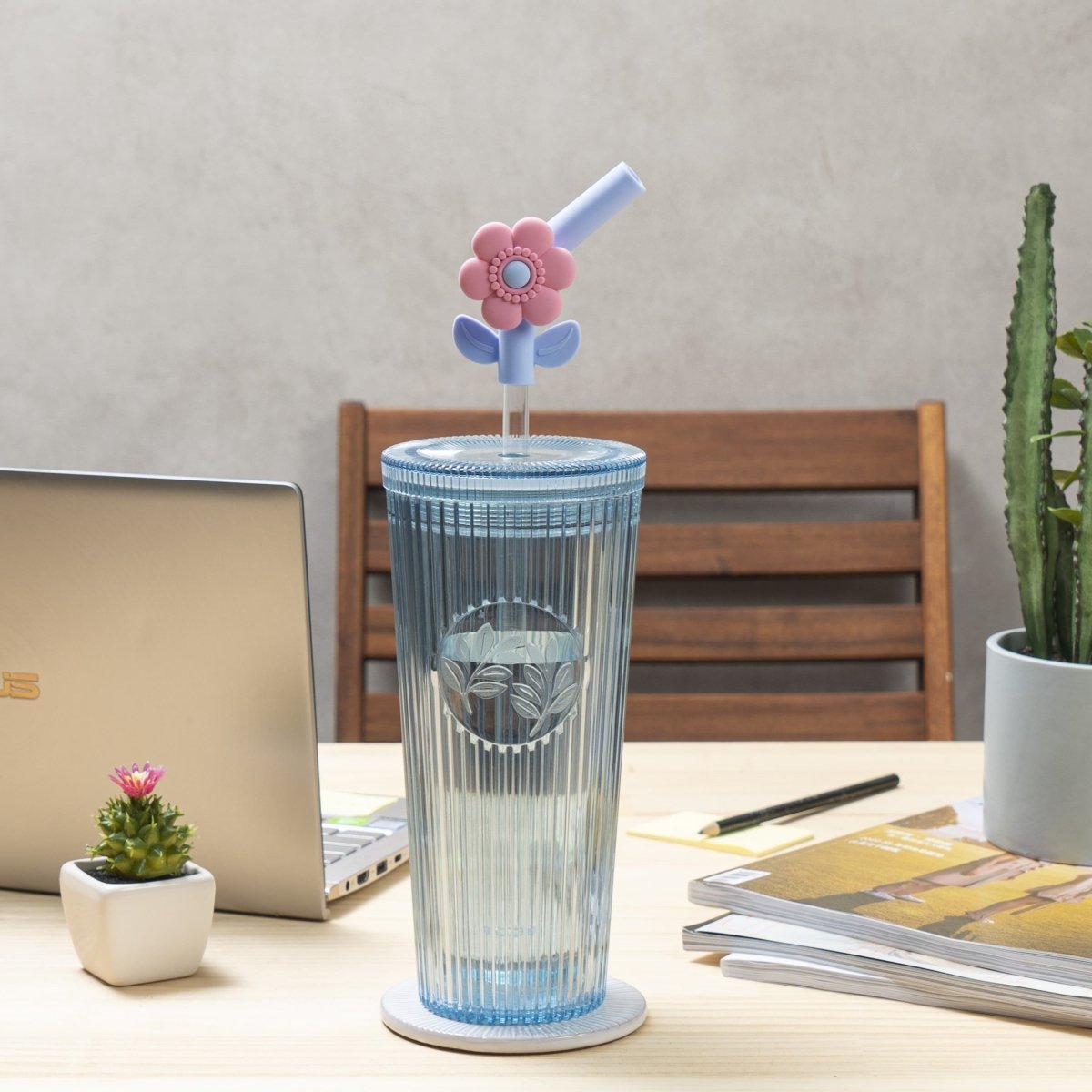 26oz Tumbler with Straw & Lid, Cute Flower Silicone Straw Tips - Botanica Blue - bzyoo