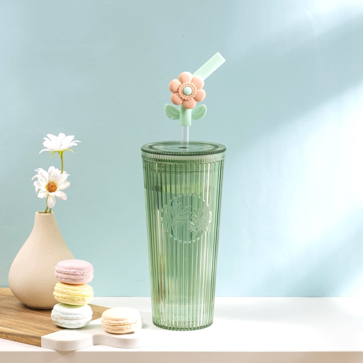 26oz Tumbler with Straw & Lid, Cute Flower Silicone Straw Tips - Botanica Green - bzyoo