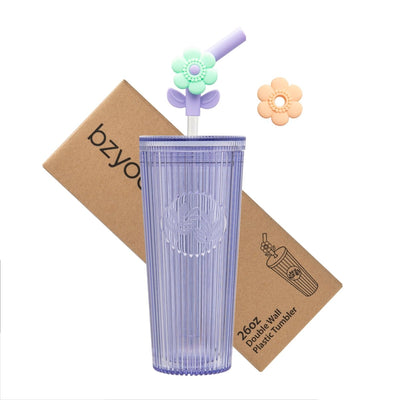 26oz Tumbler with Straw & Lid, Cute Flower Silicone Straw Tips - Botanica Purple - bzyoo