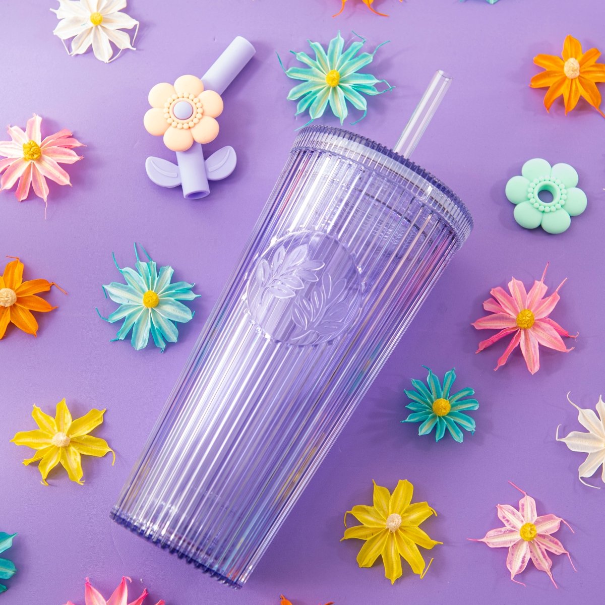 26oz Tumbler with Straw & Lid, Cute Flower Silicone Straw Tips - Botanica Purple - bzyoo