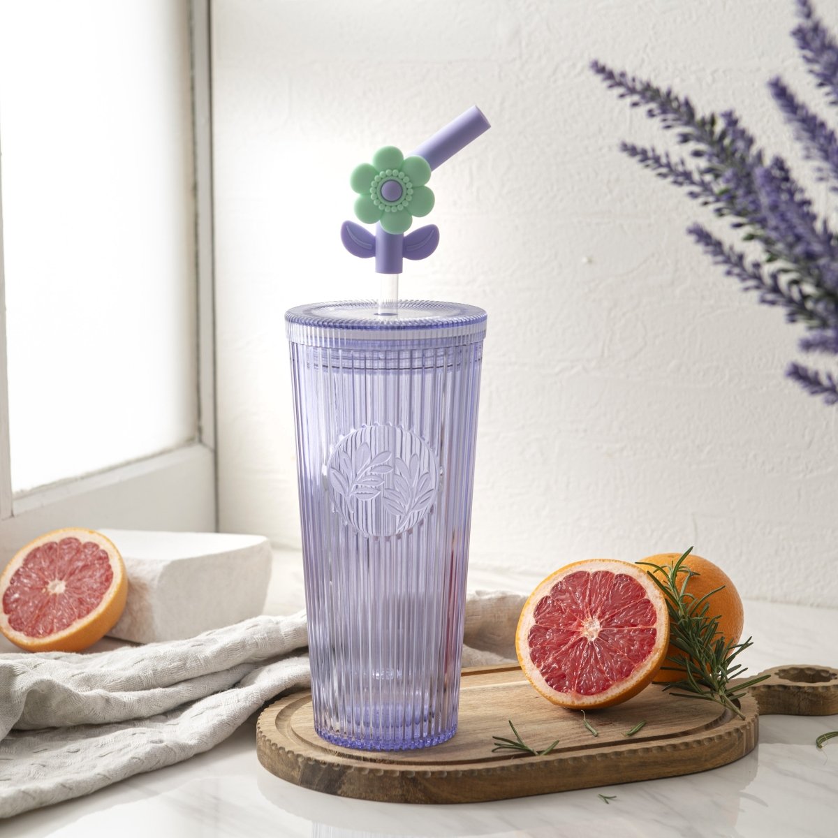 26oz Tumbler with Straw & Lid, Cute Flower Silicone Straw Tips - Botanica Purple - bzyoo