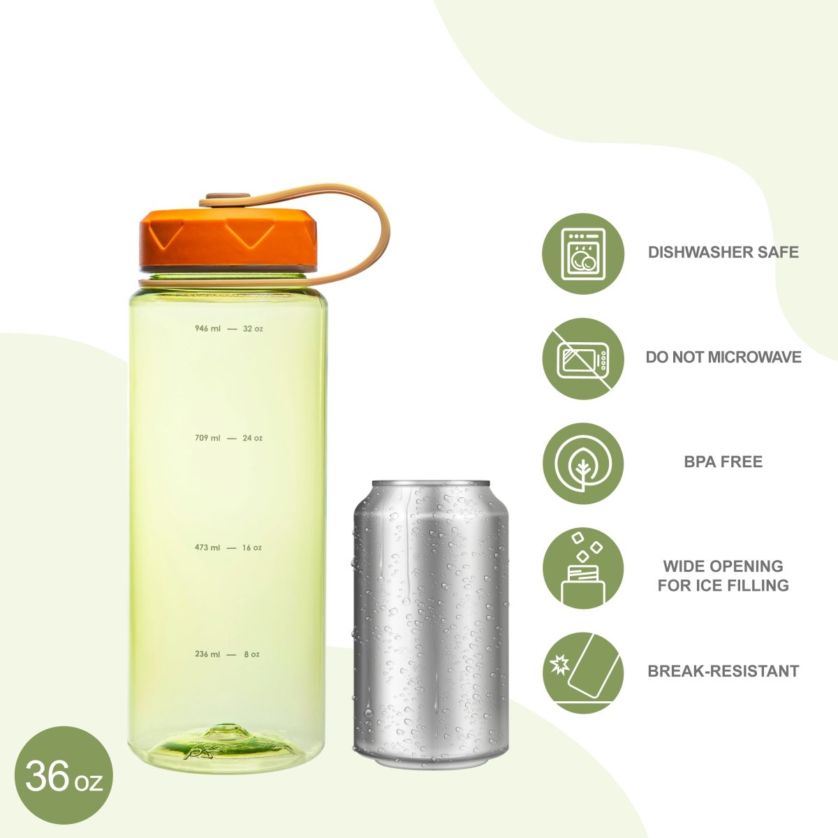 36oz HydroPop Water Bottle w/ Strap and Measurement - Green - bzyoo