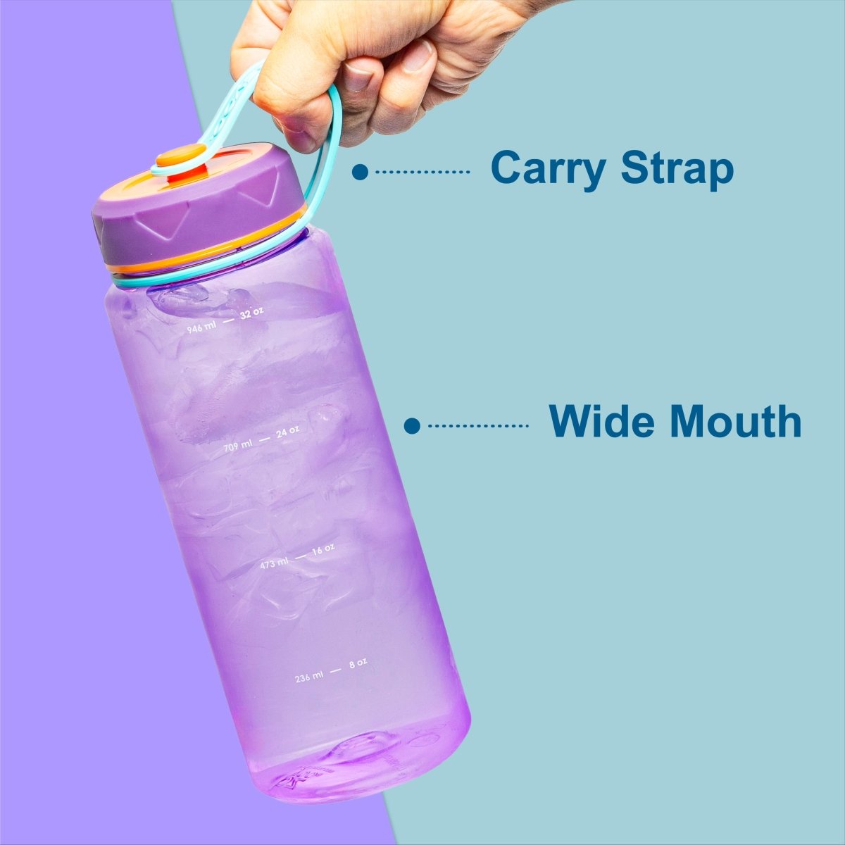 36oz HydroPop Water Bottle w/ Strap and Measurement - Purple - bzyoo