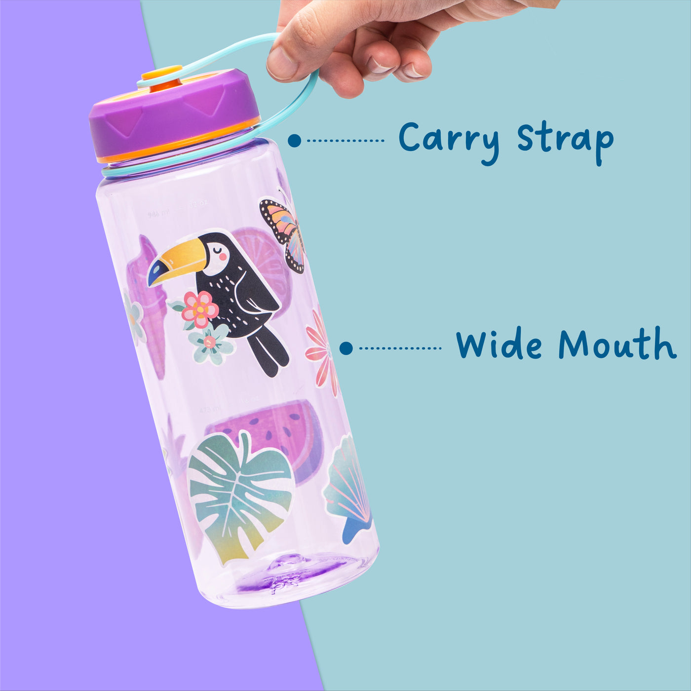 36oz HydroPop Water Bottle w/ Strap and Measurement - Purple