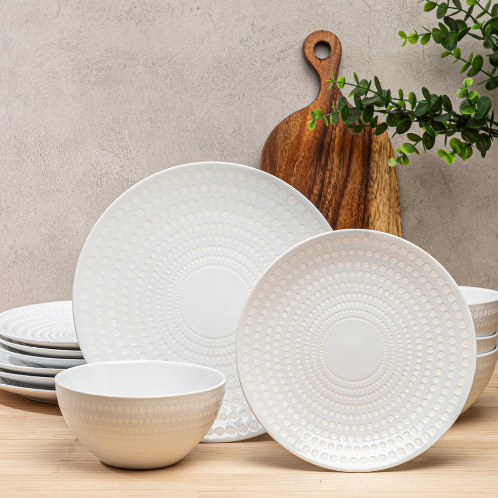 12pc Bijou Ceramic Plate & Bowl Dinnerware Set - Pearl White